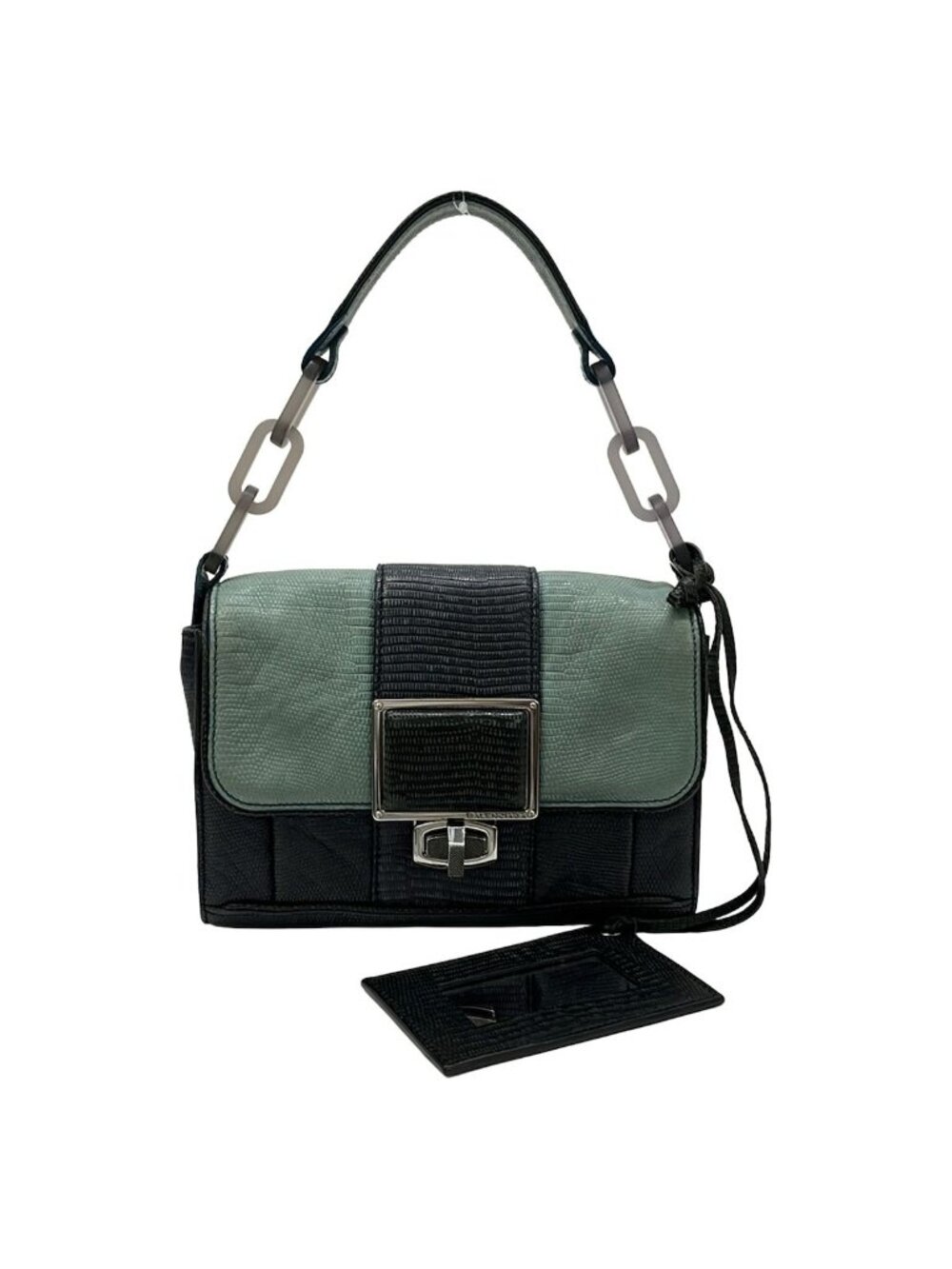 Balenciaga Handbag Light Green Dark Navy Turnlock Plastic Chain Leather